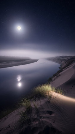 A serene nighttime landscape with a calm river and sandy shore