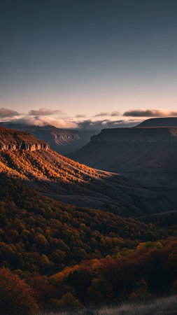 A serene mountain landscape with vibrant autumn foliage at sunsetの写真素材
