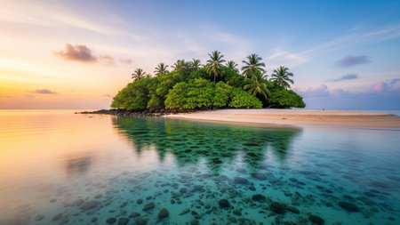 A serene tropical island with palm trees at sunset over calm waters