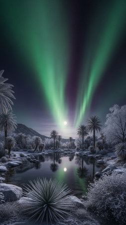 A serene winter landscape with the aurora borealis in the night sky