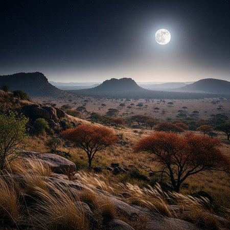 A serene landscape of a rocky savannah under a full moonの写真素材