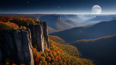 A breathtaking mountain landscape under a full moon at nightの写真素材