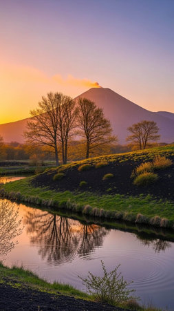 A serene landscape of a mountain reflected in a calm river at sunsetの写真素材