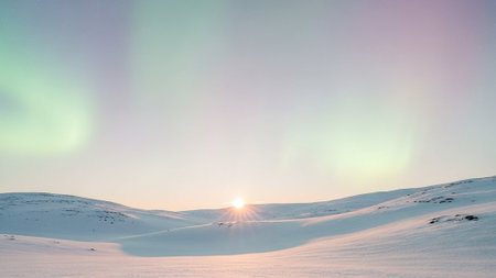 A serene snowy landscape at sunrise with aurora borealis in the sky
