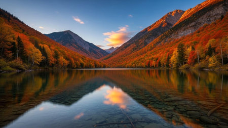 A serene lake surrounded by vibrant autumn mountains at sunset