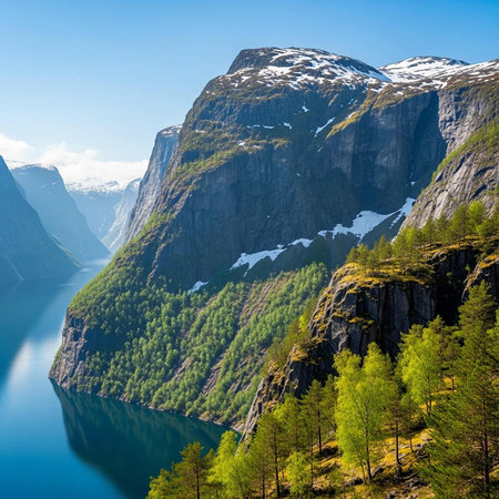 A serene mountain landscape with a calm lake and snow-capped peaks