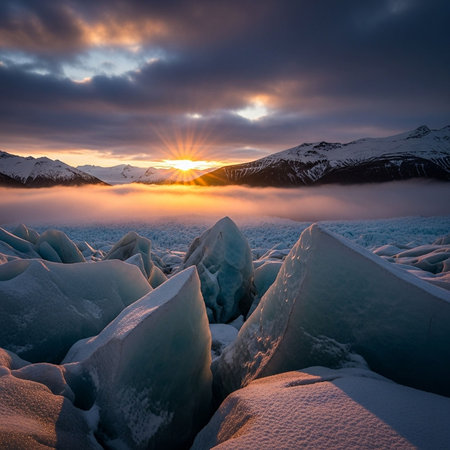 A serene winter landscape with ice formations at sunrise over snow-capped mountains