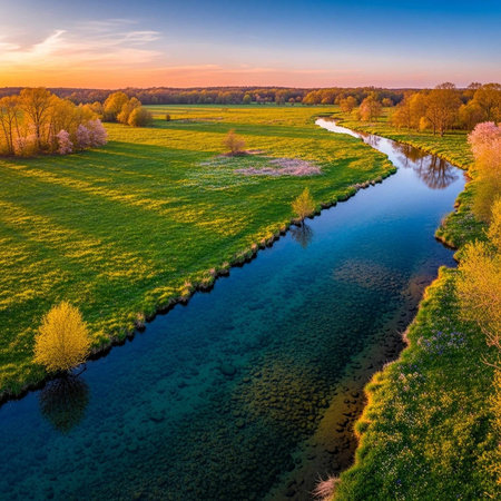 A serene landscape of a winding river through a green field at sunset