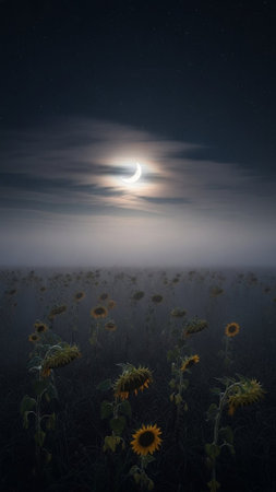A serene landscape of sunflowers under a moonlit night sky with clouds