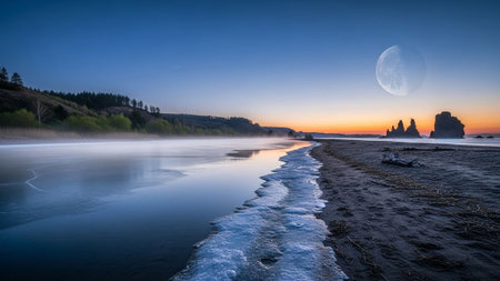 A serene beach landscape at sunset with a crescent moon in the sky