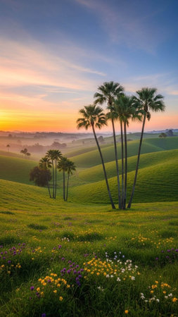 A serene landscape of rolling hills with palm trees at sunset