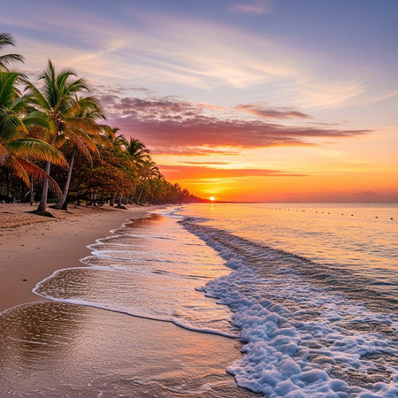A serene beach scene at sunset with palm trees and gentle waves