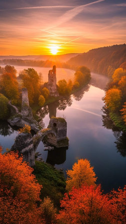 A serene landscape of a river winding through a valley at sunset