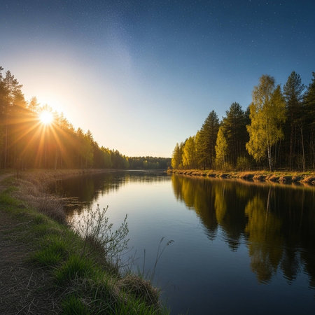 A serene lake surrounded by trees at sunset in a natural landscapeの写真素材