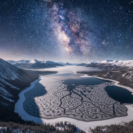 A breathtaking aerial view of a maze carved into a frozen lake under the Milky Wayの写真素材