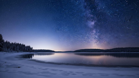 A serene winter landscape under a starry night sky with a calm lakeの写真素材