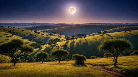 A serene landscape of rolling hills and trees under a full moon