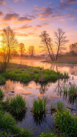 A serene landscape of a lake at sunset with trees and grassの写真素材