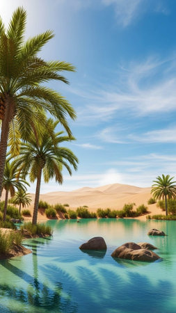 A serene desert oasis with palm trees and a tranquil body of waterの写真素材