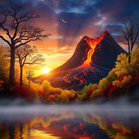 A serene landscape of a volcano at sunset with lava flowsの写真素材