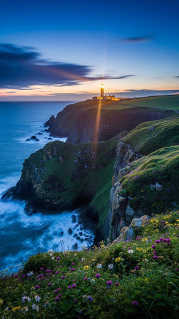 A serene lighthouse on a rocky cliffside overlooking the ocean at sunset