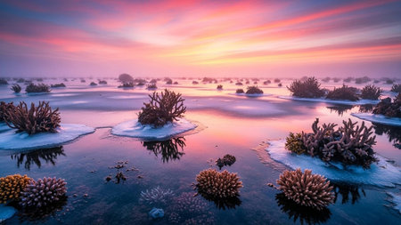A serene landscape of icy water and coral at sunset
