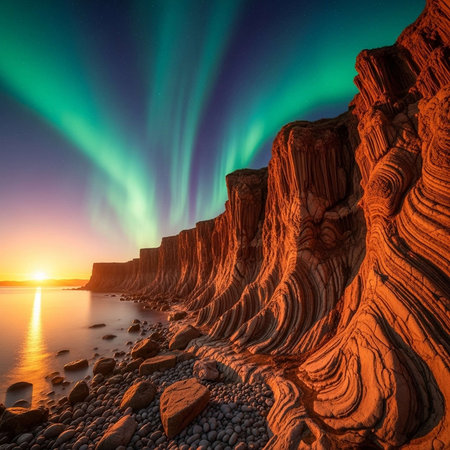 A breathtaking landscape of layered rock formations at sunset with aurora borealisの写真素材
