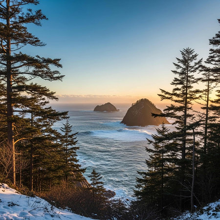 A serene winter landscape with snow-covered trees and ocean waves at sunset