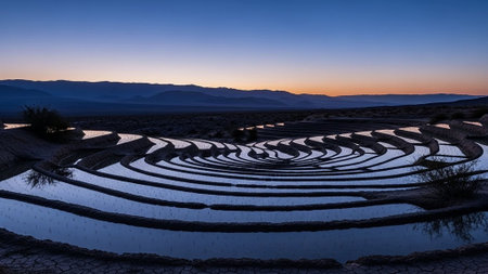A serene landscape of circular water terraces at sunset