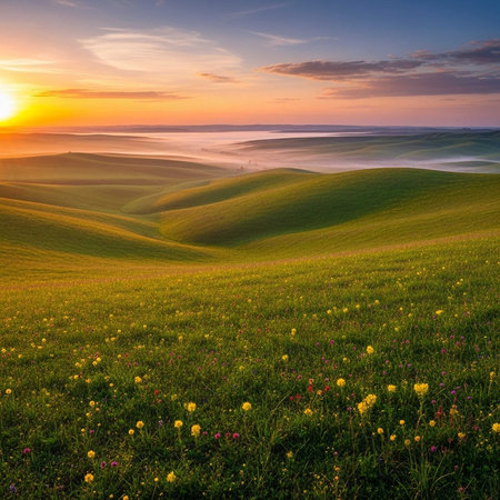 A serene landscape of rolling green hills with vibrant wildflowers at sunset