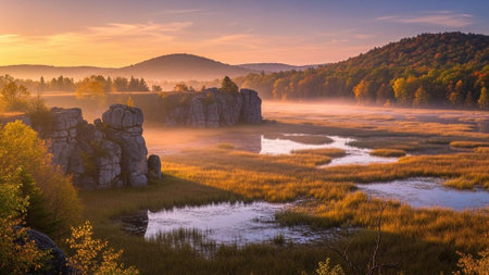 A serene landscape of rocky formations and misty wetlands at sunriseの写真素材