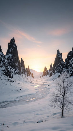 A serene winter landscape with snow-covered mountains at sunsetの写真素材