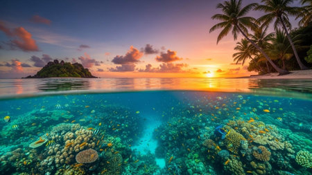 A serene tropical ocean scene at sunset with coral reef and palm treesの写真素材