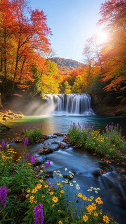 A serene waterfall surrounded by vibrant autumn foliage and colorful flowersの写真素材