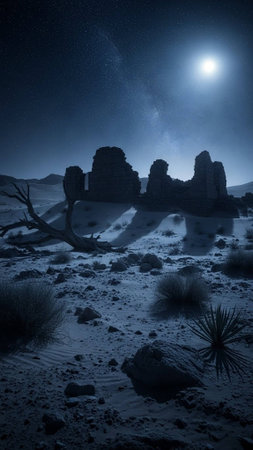 A serene desert landscape under a starry night sky with a full moonの写真素材