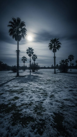 Snowy landscape with palm trees under a cloudy skyの写真素材