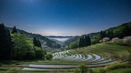 A serene landscape of rice terraces surrounded by lush green trees and mountains under a clear blue...