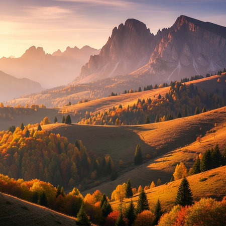 A serene mountain landscape with rolling hills and trees during autumnの写真素材