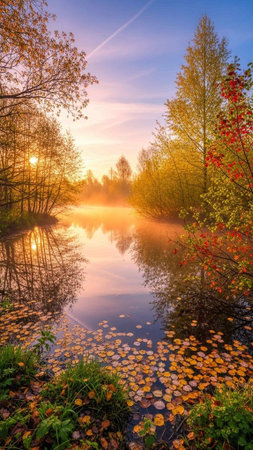 A serene autumn landscape with a calm lake at sunsetの写真素材
