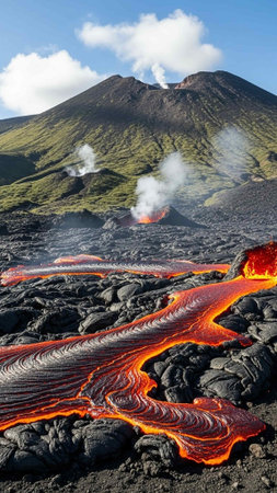A volcanic landscape with molten lava flowing down a mountainの写真素材