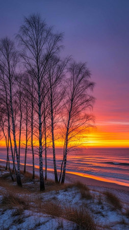 A serene winter beach at sunset with bare trees and snowの写真素材