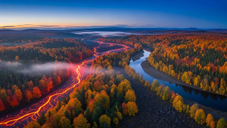 Aerial view of a winding river through a vibrant autumn landscape at dusk