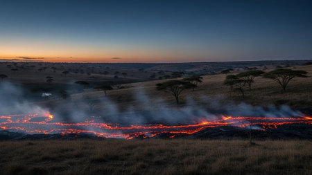 A wildfire burns across a savannah landscape at dusk with smoke and flamesの写真素材