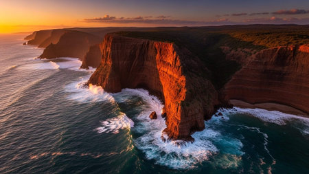 Aerial view of a rugged cliffside at sunset with ocean waves crashing