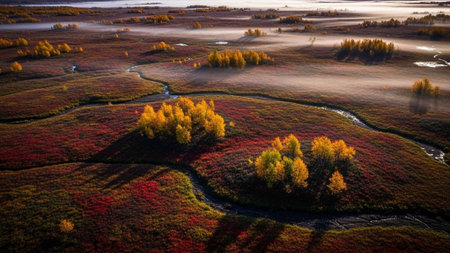 Aerial view of a serene landscape with winding streams and vibrant autumn foliageの写真素材