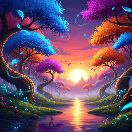 A vibrant digital illustration of a serene landscape with colorful trees and a peaceful body of water at sunsetの写真素材