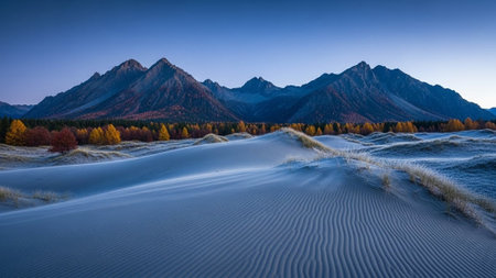 A serene landscape of sand dunes with mountains in the background