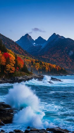 A serene landscape of ocean waves crashing against rocky shores with vibrant autumn trees and...
