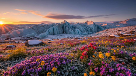 A serene landscape of colorful flowers blooming in front of a glacier at sunsetの写真素材