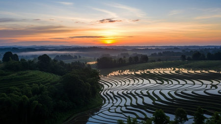 A serene landscape of rice terraces at sunset with trees and fogの写真素材